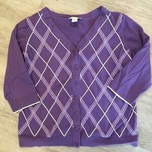 Christopher & Banks 3/4 Sleeve Purple Argyle Sweater Large